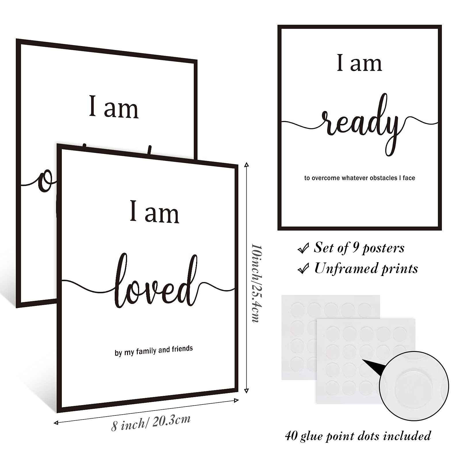 9 Pieces Inspirational Motivational Wall Art Office Bedroom Wall Art, Daily Positive Affirmations For Men Women Kids Inspiration